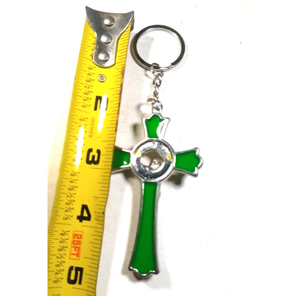 INRI Jesus Cross Keychain Green Enamel Silver Tone 4" Long Religious - Picture 2 of 7